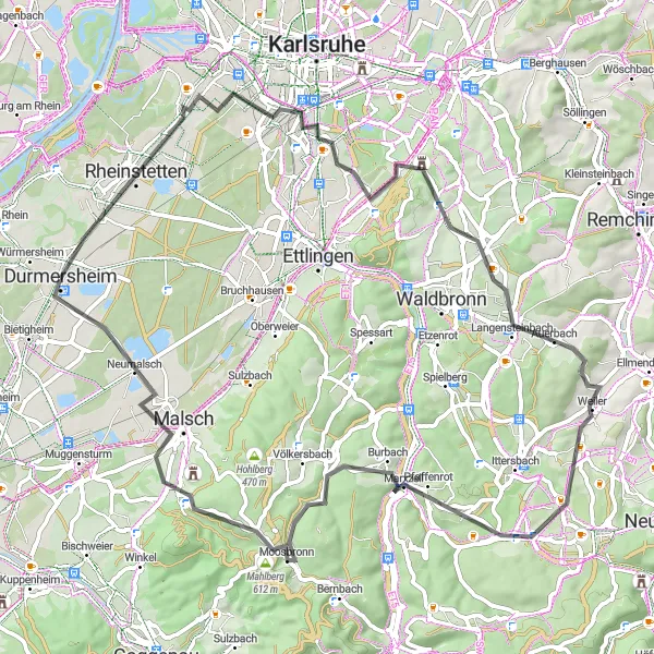 Map miniature of "Durmersheim - Wolfartsweier - Durmersheim" cycling inspiration in Karlsruhe, Germany. Generated by Tarmacs.app cycling route planner