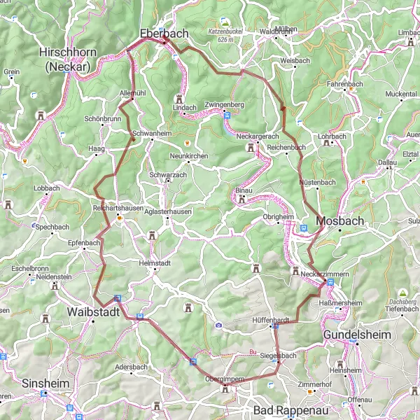 Karten-Miniaturansicht der Radinspiration "Rund um Eberbach - Gravel-Tour" in Karlsruhe, Germany. Erstellt vom Tarmacs.app-Routenplaner für Radtouren