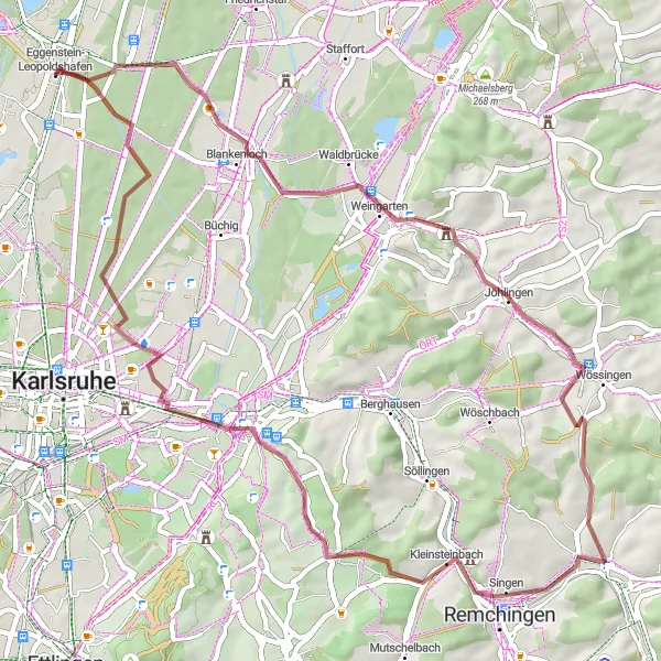 Map miniature of "Gravel Route through Remchingen" cycling inspiration in Karlsruhe, Germany. Generated by Tarmacs.app cycling route planner