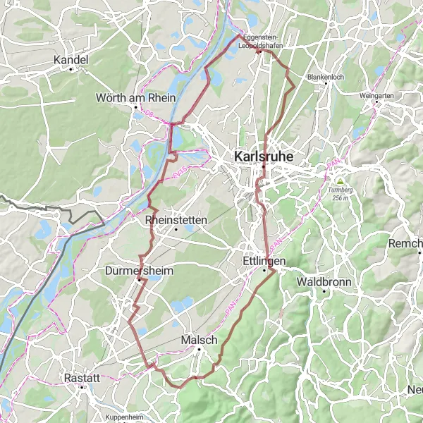 Map miniature of "Exploring the Gravel Paths" cycling inspiration in Karlsruhe, Germany. Generated by Tarmacs.app cycling route planner