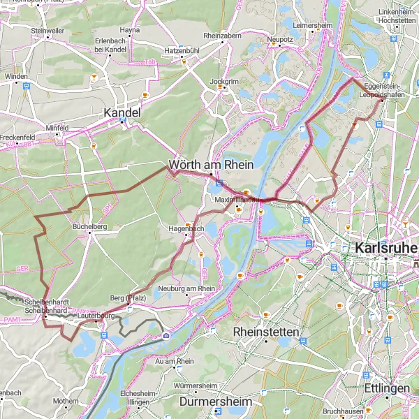 Karten-Miniaturansicht der Radinspiration "Gravel-Abenteuer am Rhein" in Karlsruhe, Germany. Erstellt vom Tarmacs.app-Routenplaner für Radtouren