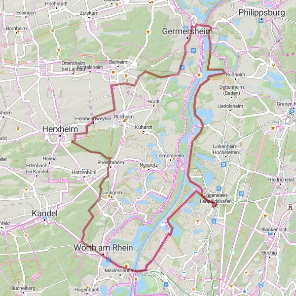 Map miniature of "Exploring the Gravel Trails" cycling inspiration in Karlsruhe, Germany. Generated by Tarmacs.app cycling route planner