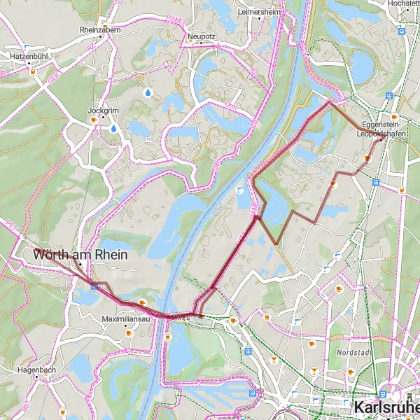 Map miniature of "The Bodensee KA Gravel Loop" cycling inspiration in Karlsruhe, Germany. Generated by Tarmacs.app cycling route planner