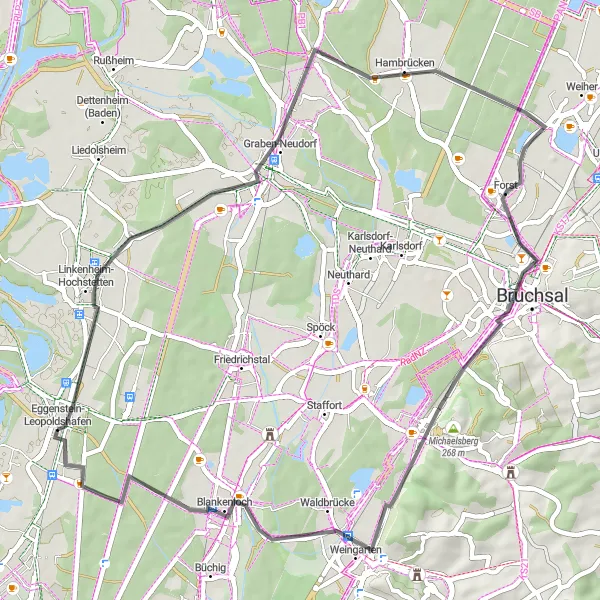 Map miniature of "The Relaxing Route" cycling inspiration in Karlsruhe, Germany. Generated by Tarmacs.app cycling route planner