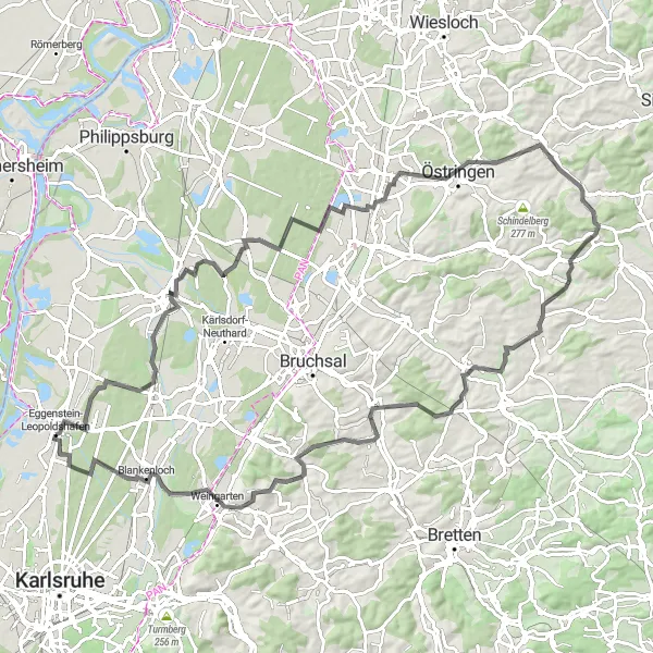 Karten-Miniaturansicht der Radinspiration "Rundtour von Eggenstein-Leopoldshafen" in Karlsruhe, Germany. Erstellt vom Tarmacs.app-Routenplaner für Radtouren