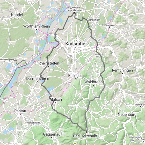 Karten-Miniaturansicht der Radinspiration "Herausfordernde Hügel und Panoramaaussichten" in Karlsruhe, Germany. Erstellt vom Tarmacs.app-Routenplaner für Radtouren