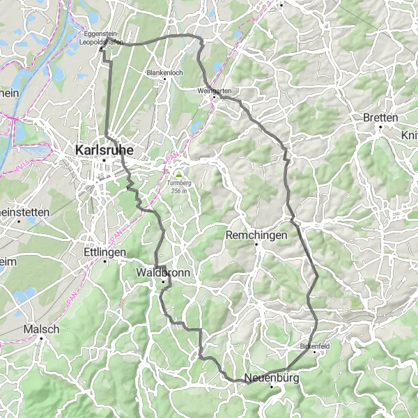 Map miniature of "Discovering Scenic Routes" cycling inspiration in Karlsruhe, Germany. Generated by Tarmacs.app cycling route planner