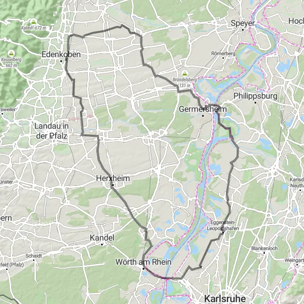 Map miniature of "The Rhein Explorer" cycling inspiration in Karlsruhe, Germany. Generated by Tarmacs.app cycling route planner
