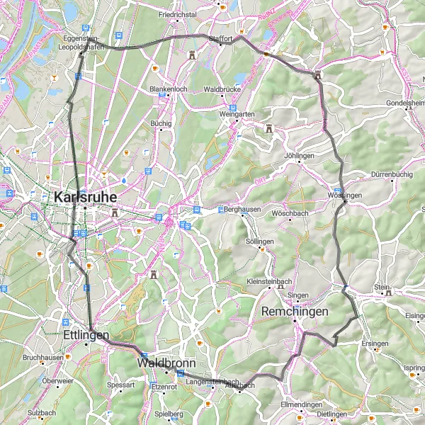 Map miniature of "The Scenic Road Tour" cycling inspiration in Karlsruhe, Germany. Generated by Tarmacs.app cycling route planner