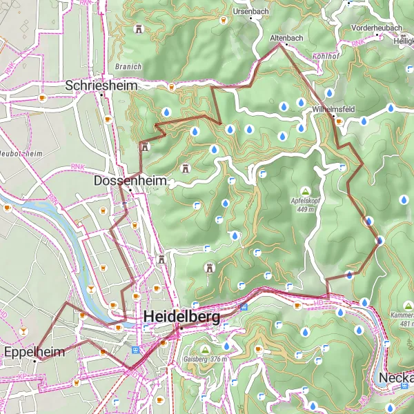 Map miniature of "The Hilly Adventure through Natural Beauty" cycling inspiration in Karlsruhe, Germany. Generated by Tarmacs.app cycling route planner
