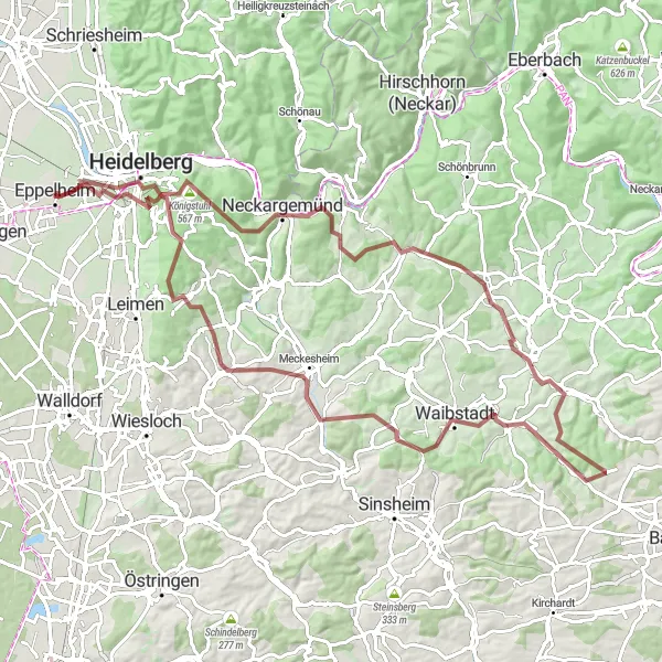 Map miniature of "The Gravel Journey to Heidelberg" cycling inspiration in Karlsruhe, Germany. Generated by Tarmacs.app cycling route planner