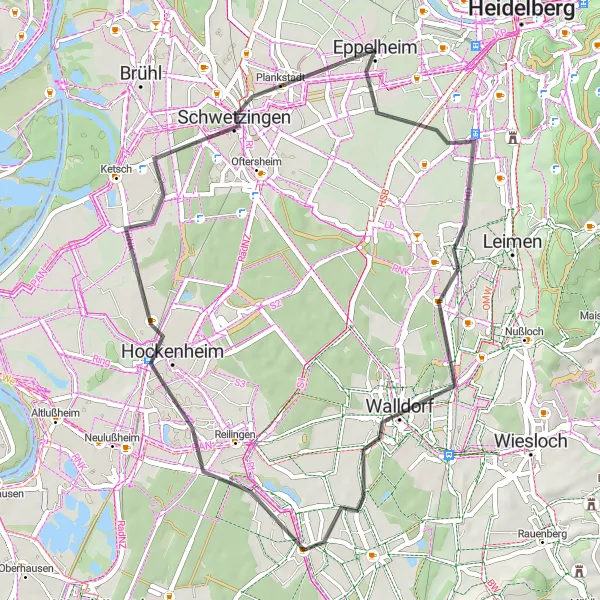 Map miniature of "The Serene Road Tour" cycling inspiration in Karlsruhe, Germany. Generated by Tarmacs.app cycling route planner