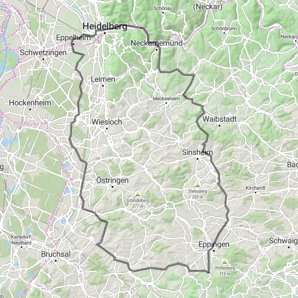 Map miniature of "The Ultimate Road Challenge" cycling inspiration in Karlsruhe, Germany. Generated by Tarmacs.app cycling route planner