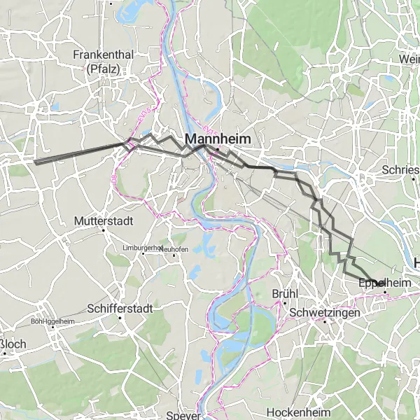 Map miniature of "The River Ride Excursion" cycling inspiration in Karlsruhe, Germany. Generated by Tarmacs.app cycling route planner