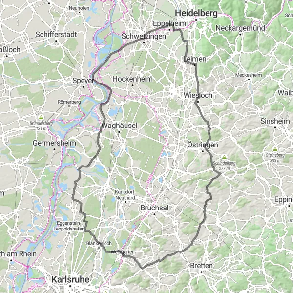 Map miniature of "Eppelheim to Schwetzingen via Östringen and Gondelsheim" cycling inspiration in Karlsruhe, Germany. Generated by Tarmacs.app cycling route planner