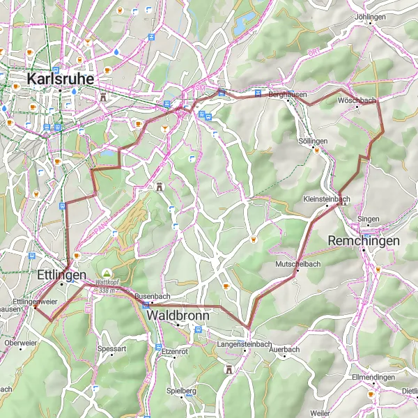 Map miniature of "Hills and Views Exploration" cycling inspiration in Karlsruhe, Germany. Generated by Tarmacs.app cycling route planner