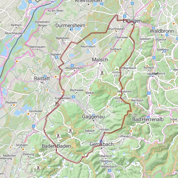 Map miniature of "Tranquil Castles and Forests" cycling inspiration in Karlsruhe, Germany. Generated by Tarmacs.app cycling route planner