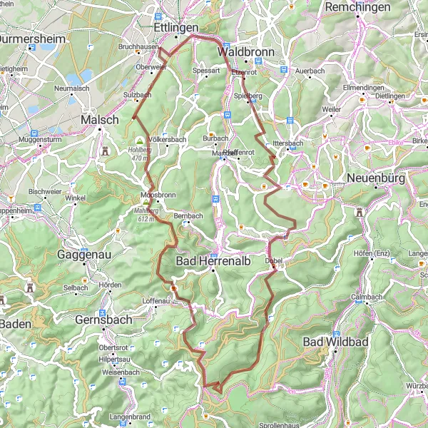 Map miniature of "Gravel Adventure with Idyllic Landscapes" cycling inspiration in Karlsruhe, Germany. Generated by Tarmacs.app cycling route planner