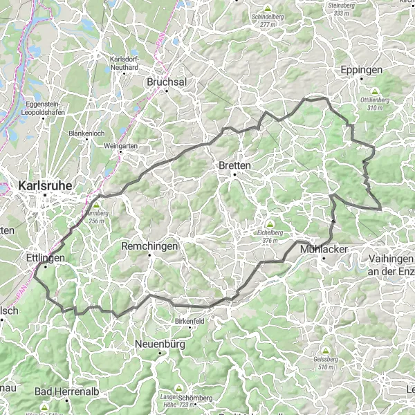Map miniature of "Climbing the Legendary Hills" cycling inspiration in Karlsruhe, Germany. Generated by Tarmacs.app cycling route planner