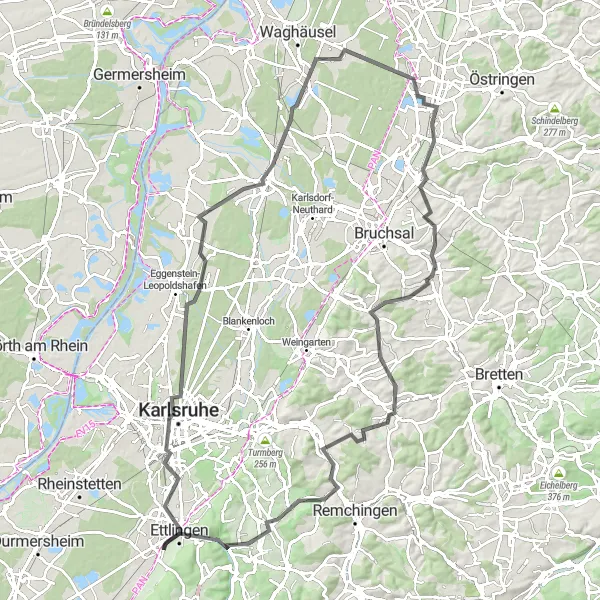 Map miniature of "Historical Adventure in Ettlingen and Surroundings" cycling inspiration in Karlsruhe, Germany. Generated by Tarmacs.app cycling route planner