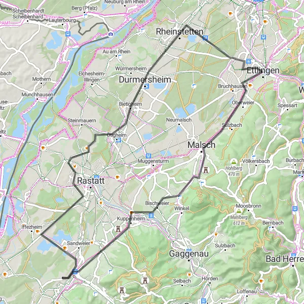 Map miniature of "Charming Villages and Scenic Vistas near Ettlingen" cycling inspiration in Karlsruhe, Germany. Generated by Tarmacs.app cycling route planner