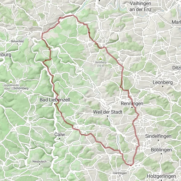 Karten-Miniaturansicht der Radinspiration "Gravel-Abenteuer um Eutingen an der Enz" in Karlsruhe, Germany. Erstellt vom Tarmacs.app-Routenplaner für Radtouren