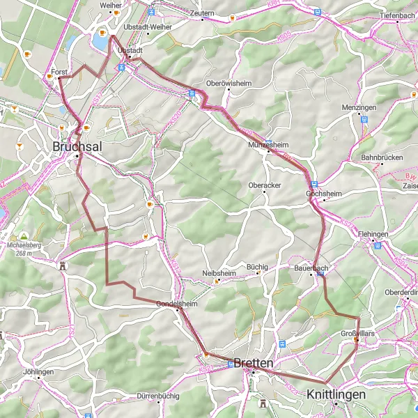 Map miniature of "Around Forst: Ubstadt Loop" cycling inspiration in Karlsruhe, Germany. Generated by Tarmacs.app cycling route planner