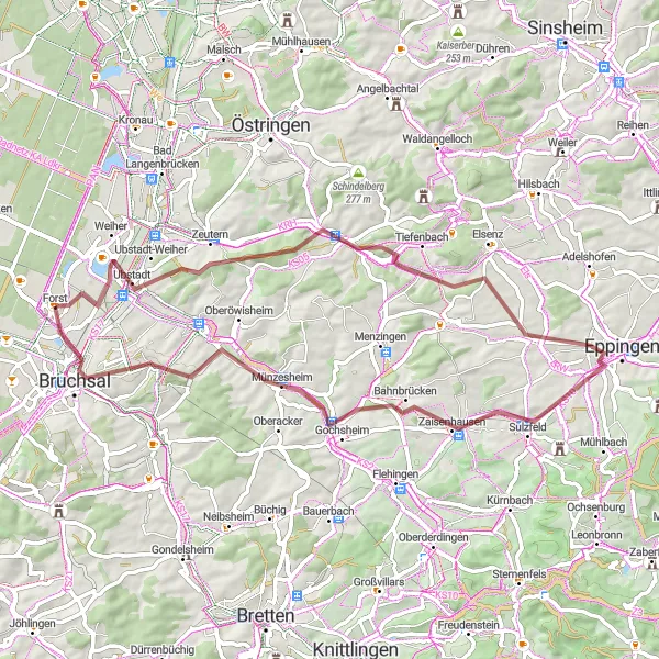 Map miniature of "Unveiling Ubstadt-Weiher: Gravel Explorer's Paradise" cycling inspiration in Karlsruhe, Germany. Generated by Tarmacs.app cycling route planner