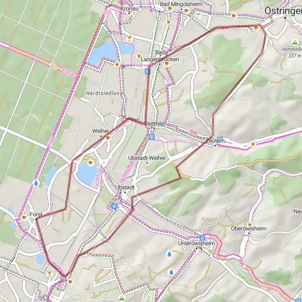 Map miniature of "Bruchsal Gravel Loop" cycling inspiration in Karlsruhe, Germany. Generated by Tarmacs.app cycling route planner