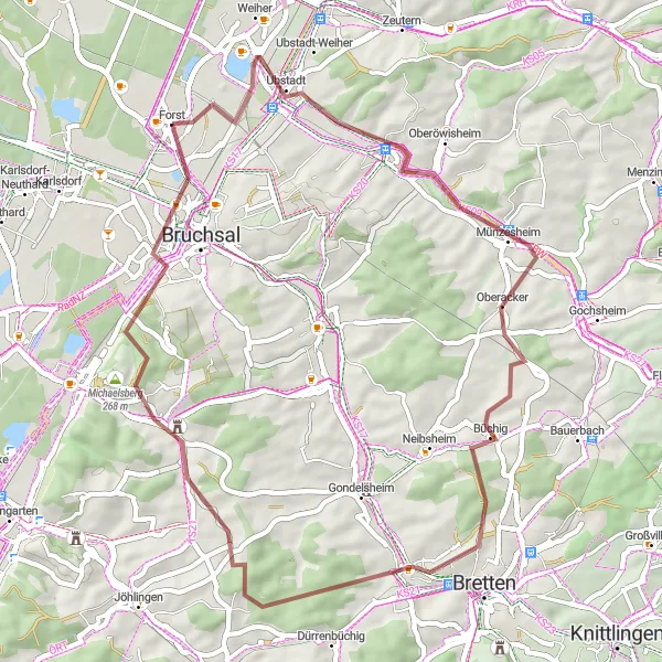 Map miniature of "Historical Gravel Tour" cycling inspiration in Karlsruhe, Germany. Generated by Tarmacs.app cycling route planner