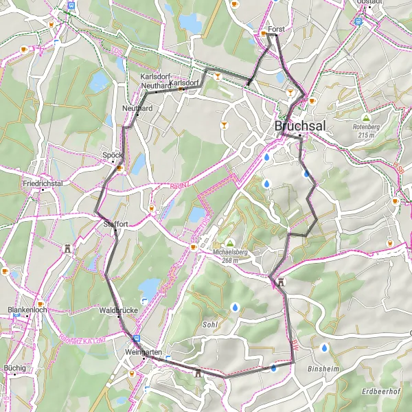 Map miniature of "Forst to Karlsdorf-Neuthard Road Tour" cycling inspiration in Karlsruhe, Germany. Generated by Tarmacs.app cycling route planner