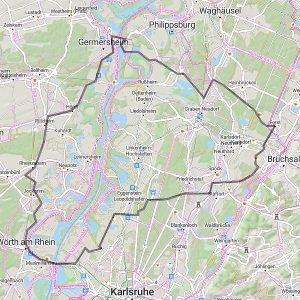 Map miniature of "Friedrichstal Loop: Idyllic Road Cycling Experience" cycling inspiration in Karlsruhe, Germany. Generated by Tarmacs.app cycling route planner