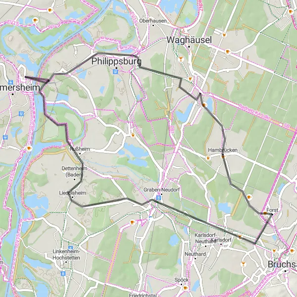 Map miniature of "Discover the Hidden Gems: Graben-Neudorf Loop" cycling inspiration in Karlsruhe, Germany. Generated by Tarmacs.app cycling route planner