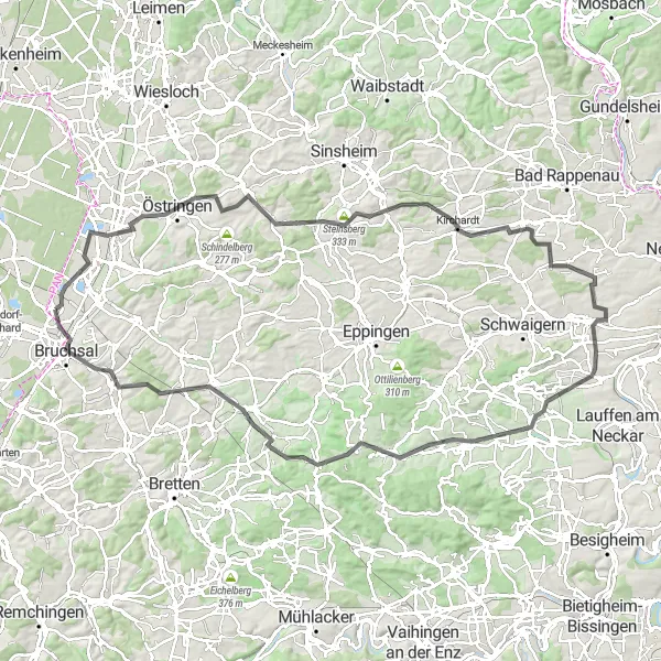 Map miniature of "Wind through the Hills" cycling inspiration in Karlsruhe, Germany. Generated by Tarmacs.app cycling route planner