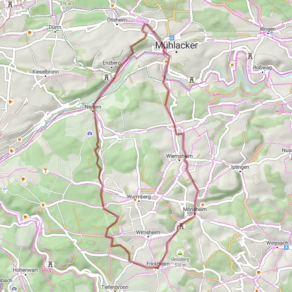 Karten-Miniaturansicht der Radinspiration "Gravel-Tour um Friolzheim" in Karlsruhe, Germany. Erstellt vom Tarmacs.app-Routenplaner für Radtouren