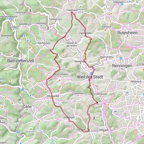 Karten-Miniaturansicht der Radinspiration "Gravel Tour durch Heimsheim und Hörnle" in Karlsruhe, Germany. Erstellt vom Tarmacs.app-Routenplaner für Radtouren