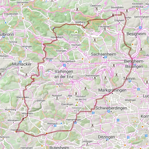 Map miniature of "Gündelbach Adventure" cycling inspiration in Karlsruhe, Germany. Generated by Tarmacs.app cycling route planner