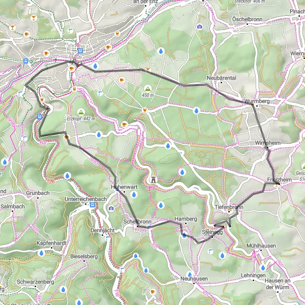 Map miniature of "Tiefenbronn Loop" cycling inspiration in Karlsruhe, Germany. Generated by Tarmacs.app cycling route planner
