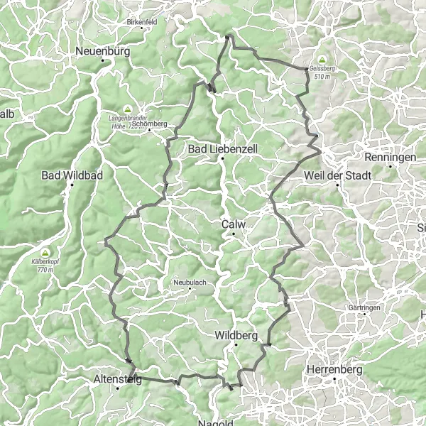 Karten-Miniaturansicht der Radinspiration "Road Cycling nach Berneck und Igelsloch" in Karlsruhe, Germany. Erstellt vom Tarmacs.app-Routenplaner für Radtouren