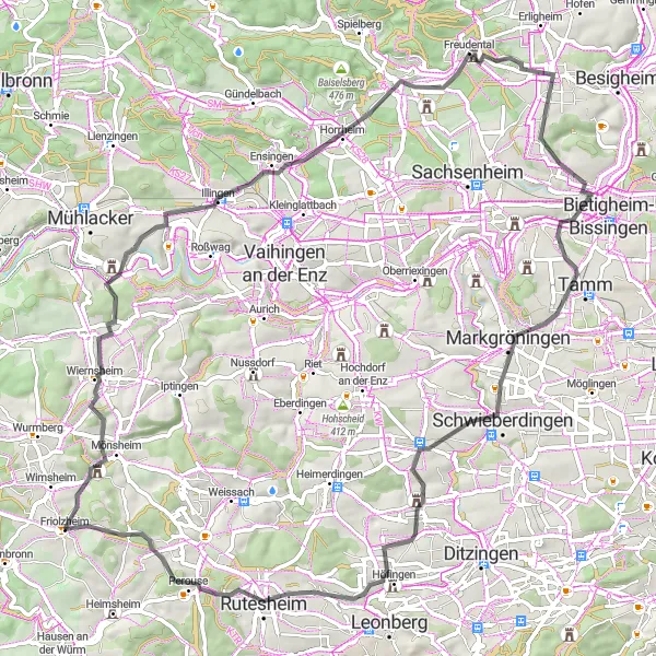 Karten-Miniaturansicht der Radinspiration "Road Cycling zum Hemmingen und Gebersheim" in Karlsruhe, Germany. Erstellt vom Tarmacs.app-Routenplaner für Radtouren