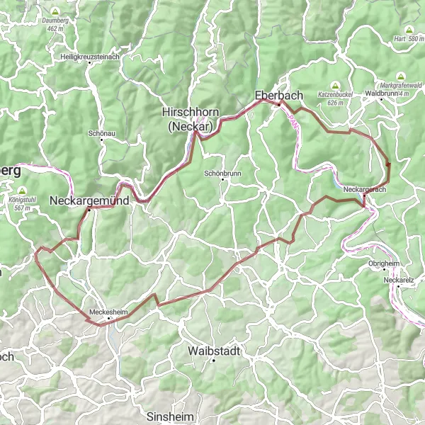Map miniature of "Neckargemünd - Speißberg Loop" cycling inspiration in Karlsruhe, Germany. Generated by Tarmacs.app cycling route planner