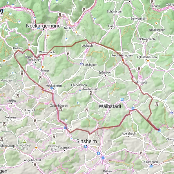 Map miniature of "Hills and Valleys Gravel Adventure" cycling inspiration in Karlsruhe, Germany. Generated by Tarmacs.app cycling route planner