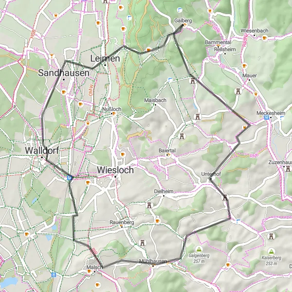Map miniature of "Balzfeld - Gaiberg Loop" cycling inspiration in Karlsruhe, Germany. Generated by Tarmacs.app cycling route planner