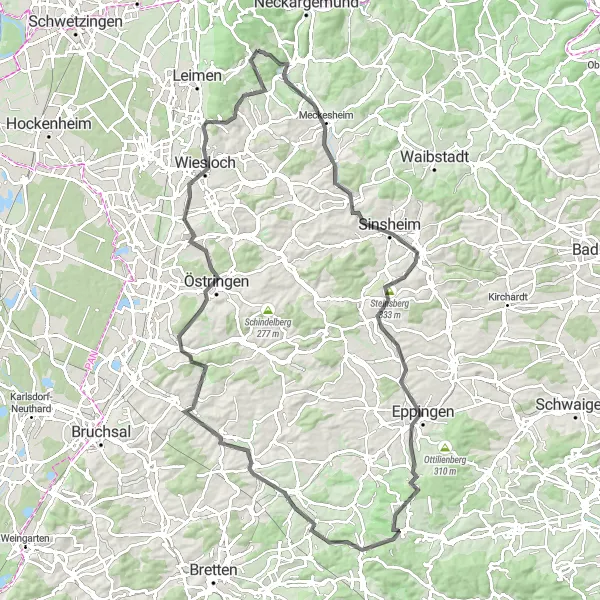 Karten-Miniaturansicht der Radinspiration "Kraichgau Hügel Tour" in Karlsruhe, Germany. Erstellt vom Tarmacs.app-Routenplaner für Radtouren