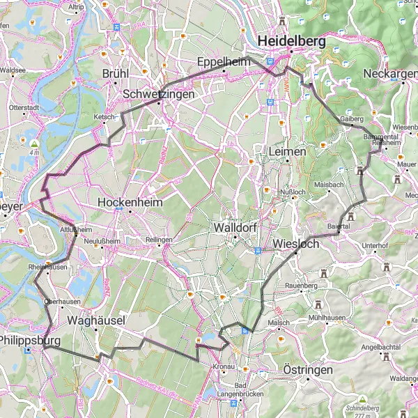Map miniature of "Rolling Hills Road Tour" cycling inspiration in Karlsruhe, Germany. Generated by Tarmacs.app cycling route planner