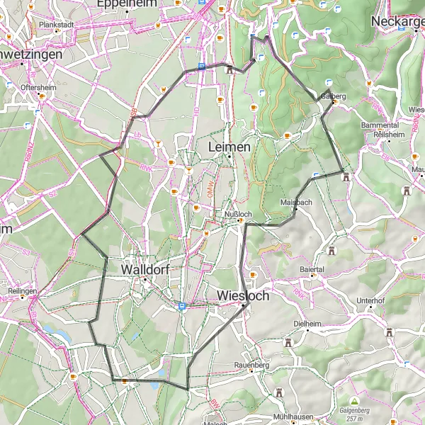 Map miniature of "Enchanting Loop through Nußloch" cycling inspiration in Karlsruhe, Germany. Generated by Tarmacs.app cycling route planner