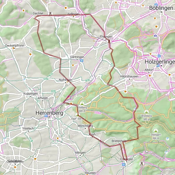Karten-Miniaturansicht der Radinspiration "Gravel-Tour um Nufringen" in Karlsruhe, Germany. Erstellt vom Tarmacs.app-Routenplaner für Radtouren