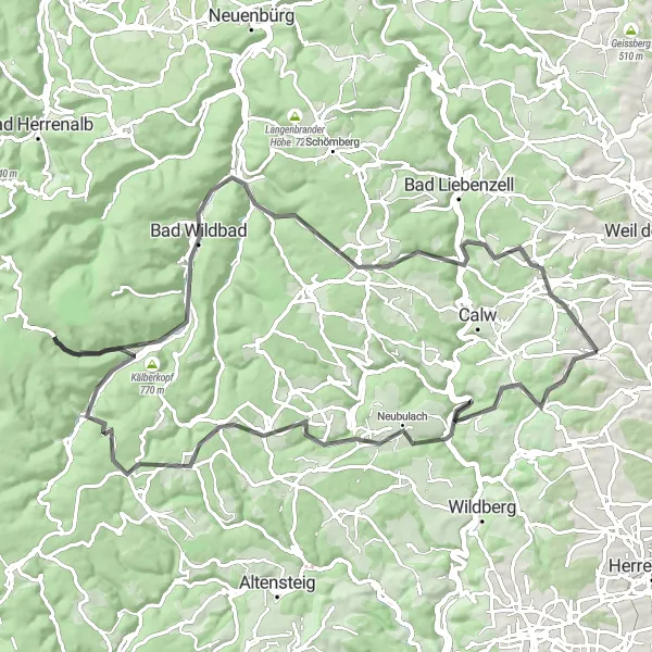 Karten-Miniaturansicht der Radinspiration "Rundfahrt Gechingen - Bad Wildbad" in Karlsruhe, Germany. Erstellt vom Tarmacs.app-Routenplaner für Radtouren