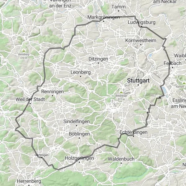 Karten-Miniaturansicht der Radinspiration "Die Hügelroute von Gechingen" in Karlsruhe, Germany. Erstellt vom Tarmacs.app-Routenplaner für Radtouren