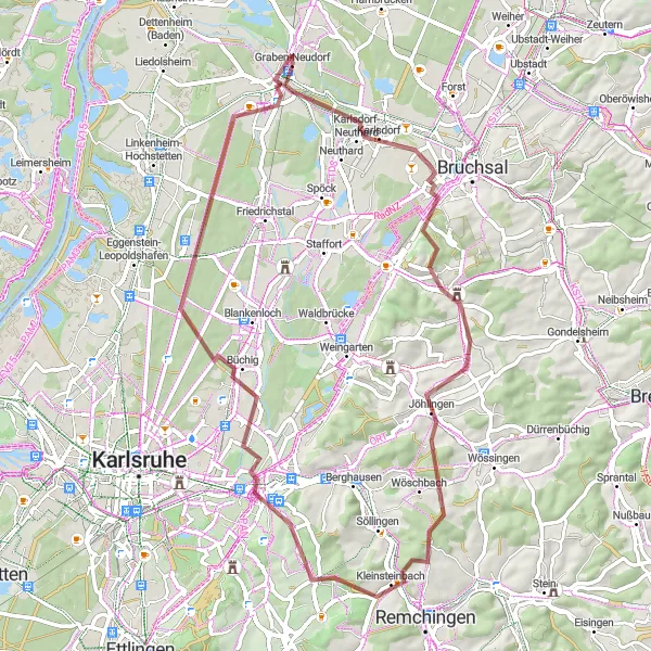 Map miniature of "Durlach and Lauterberg Gravel Adventure" cycling inspiration in Karlsruhe, Germany. Generated by Tarmacs.app cycling route planner